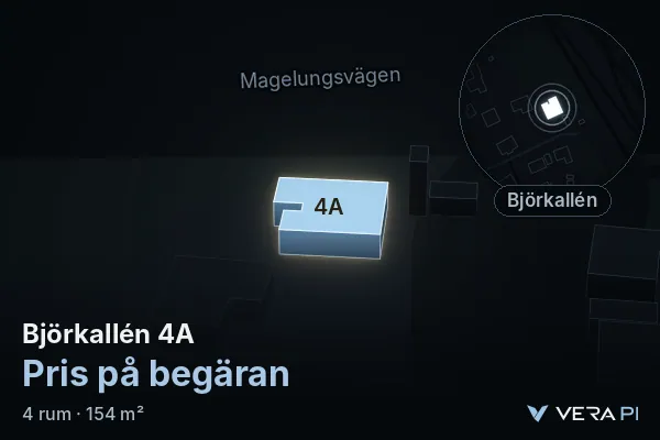 VERA PI:s bild av Björkallén 4A: huset i 3D, upplyst i blått, och kartan runt omkring