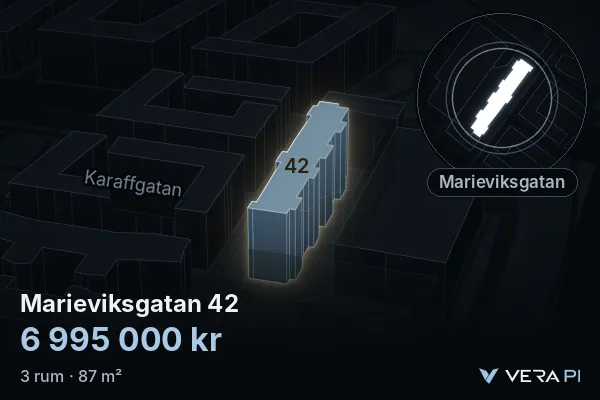VERA PI's image of Marieviksgatan 42: the building in 3D, lit in blue, and the map around it