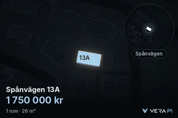 VERA PI's image of Spånvägen 13A: the building in 3D, lit in blue, and the map around it