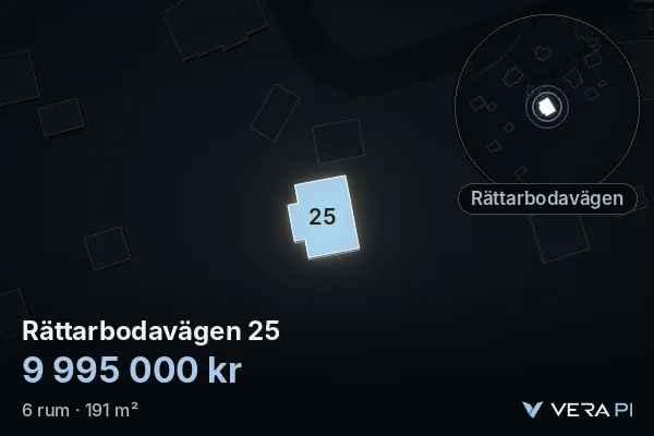 VERA PI:s bild av Rättarbodavägen 25: huset i 3D, upplyst i blått, och kartan runt omkring