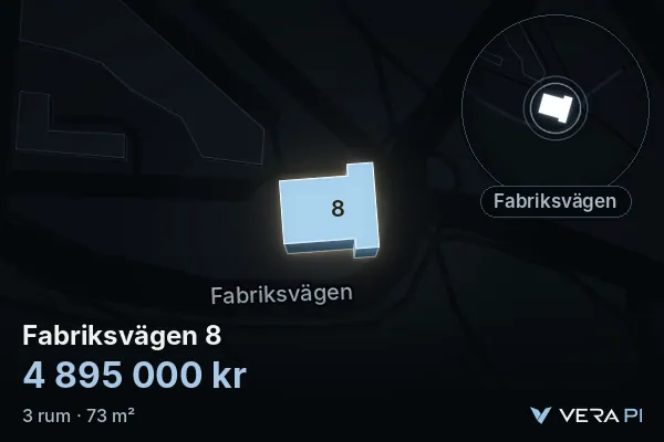VERA PI's image of Fabriksvägen 8: the building in 3D, lit in blue, and the map around it