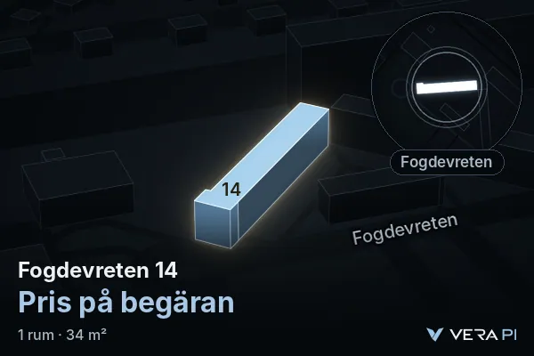 VERA PI's image of Fogdevreten 14: the building in 3D, lit in blue, and the map around it
