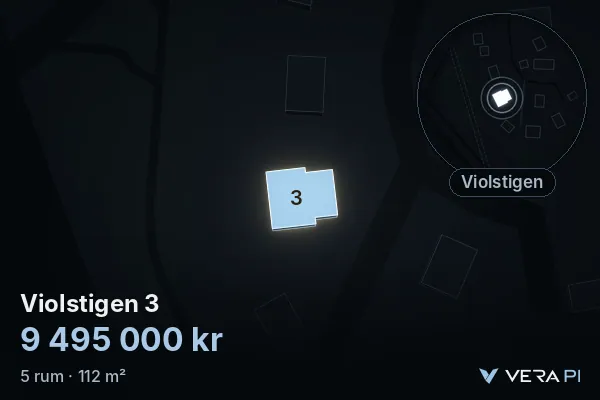 VERA PI's image of Violstigen 3: the building in 3D, lit in blue, and the map around it