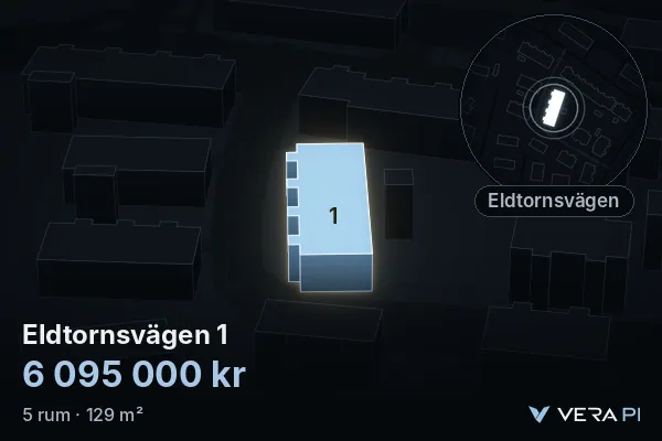 VERA PI:s bild av Eldtornsvägen 1: huset i 3D, upplyst i blått, och kartan runt omkring