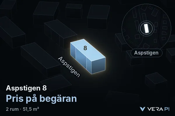 VERA PI's image of Aspstigen 8: the building in 3D, lit in blue, and the map around it