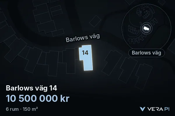 VERA PI's image of Barlows väg 14: the building in 3D, lit in blue, and the map around it