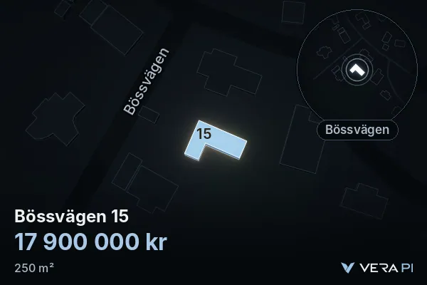 VERA PI's image of Bössvägen 15: the building in 3D, lit in blue, and the map around it