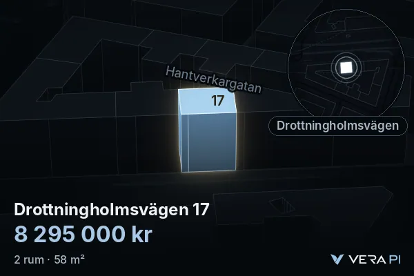 VERA PI:s bild av Drottningholmsvägen 17: huset i 3D, upplyst i blått, och kartan runt omkring