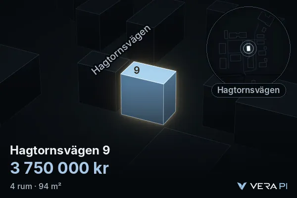 VERA PI's image of Hagtornsvägen 9: the building in 3D, lit in blue, and the map around it