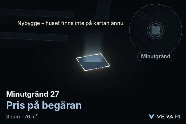 VERA PI's image of Minutgränd 27: the building in 3D, lit in blue, and the map around it