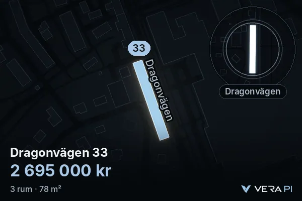 VERA PI:s bild av Dragonvägen 33: huset i 3D, upplyst i blått, och kartan runt omkring