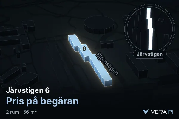 VERA PI's image of Järvstigen 6: the building in 3D, lit in blue, and the map around it