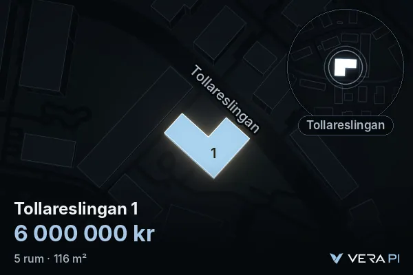VERA PI:s bild av Tollareslingan 1: huset i 3D, upplyst i blått, och kartan runt omkring