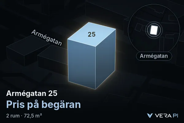 VERA PI:s bild av Armégatan 25: huset i 3D, upplyst i blått, och kartan runt omkring