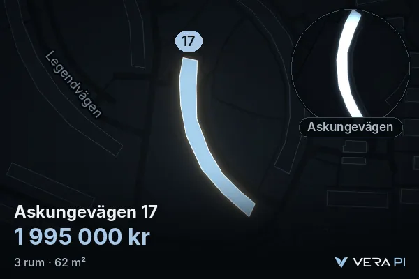 VERA PI:s bild av Askungevägen 17: huset i 3D, upplyst i blått, och kartan runt omkring