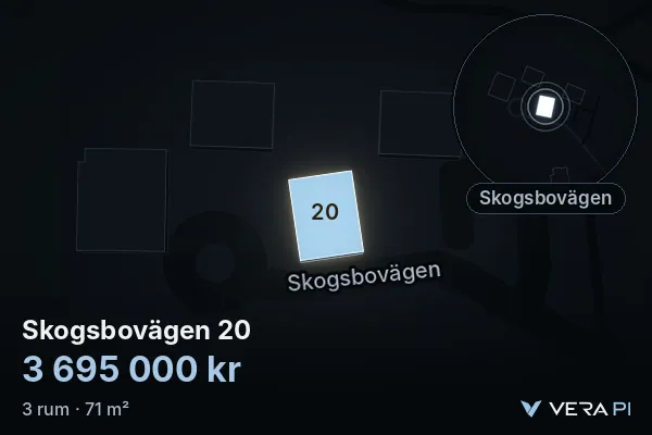 VERA PI's image of Skogsbovägen 20: the building in 3D, lit in blue, and the map around it