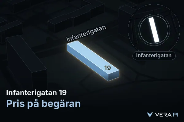 VERA PI:s bild av Infanterigatan 19: huset i 3D, upplyst i blått, och kartan runt omkring