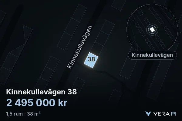 VERA PI:s bild av Kinnekullevägen 38: huset i 3D, upplyst i blått, och kartan runt omkring