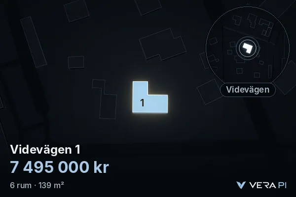 VERA PI:s bild av Videvägen 1: huset i 3D, upplyst i blått, och kartan runt omkring