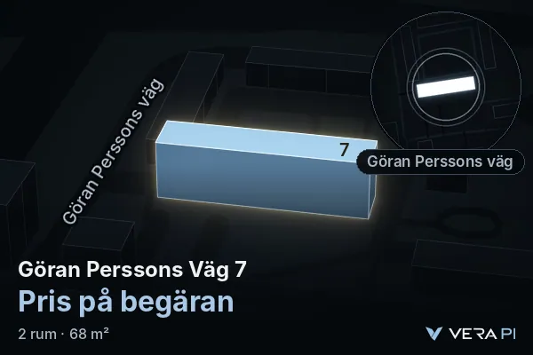 VERA PI:s bild av Göran Perssons Väg 7: huset i 3D, upplyst i blått, och kartan runt omkring