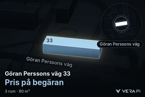 VERA PI:s bild av Göran Perssons väg 33: huset i 3D, upplyst i blått, och kartan runt omkring