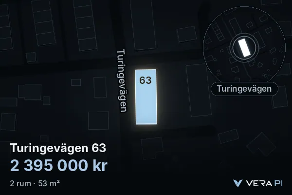 VERA PI:s bild av Turingevägen 63: huset i 3D, upplyst i blått, och kartan runt omkring