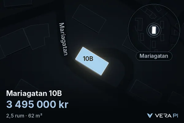 VERA PI's image of Mariagatan 10B: the building in 3D, lit in blue, and the map around it