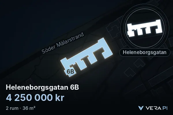 VERA PI:s bild av Heleneborgsgatan 6B: huset i 3D, upplyst i blått, och kartan runt omkring