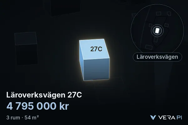 VERA PI:s bild av Läroverksvägen 27C: huset i 3D, upplyst i blått, och kartan runt omkring
