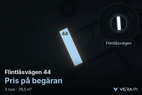 VERA PI's image of Flintlåsvägen 44: the building in 3D, lit in blue, and the map around it