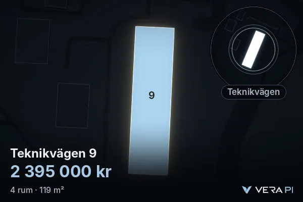 VERA PI's image of Teknikvägen 9: the building in 3D, lit in blue, and the map around it