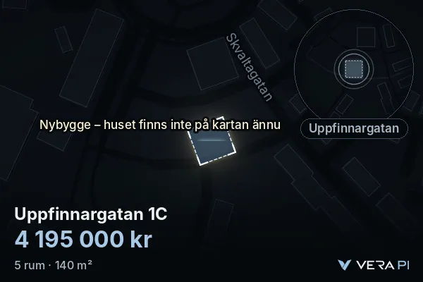 VERA PI:s bild av Uppfinnargatan 1C: huset i 3D, upplyst i blått, och kartan runt omkring