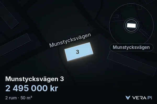 VERA PI's image of Munstycksvägen 3: the building in 3D, lit in blue, and the map around it