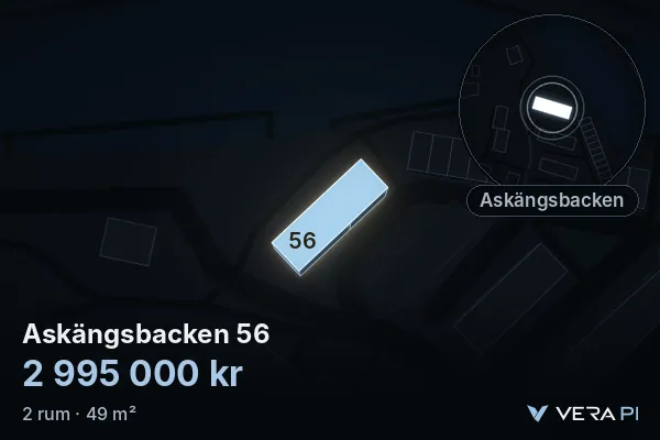 VERA PI:s bild av Askängsbacken 56: huset i 3D, upplyst i blått, och kartan runt omkring