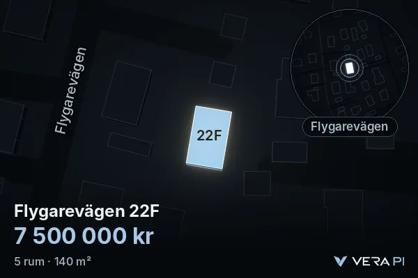 VERA PI's image of Flygarevägen 22F: the building in 3D, lit in blue, and the map around it