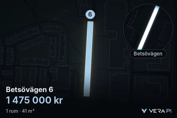 VERA PI:s bild av Betsövägen 6: huset i 3D, upplyst i blått, och kartan runt omkring