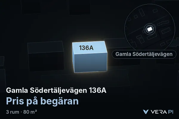 VERA PI:s bild av Gamla Södertäljevägen 136A: huset i 3D, upplyst i blått, och kartan runt omkring