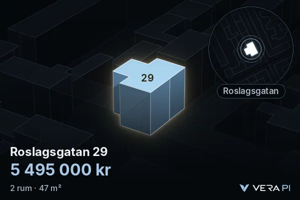 VERA PI:s bild av Roslagsgatan 29: huset i 3D, upplyst i blått, och kartan runt omkring