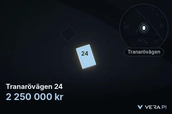 VERA PI's image of Tranarövägen 24: the building in 3D, lit in blue, and the map around it