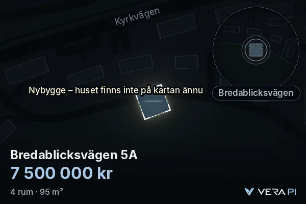 VERA PI's image of Bredablicksvägen 5A: the building in 3D, lit in blue, and the map around it