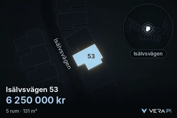 VERA PI's image of Isälvsvägen 53: the building in 3D, lit in blue, and the map around it