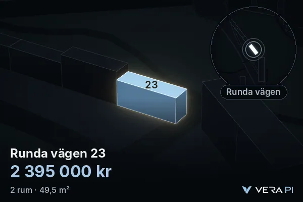 VERA PI's image of Runda vägen 23: the building in 3D, lit in blue, and the map around it