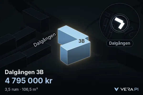 VERA PI:s bild av Dalgången 3B: huset i 3D, upplyst i blått, och kartan runt omkring