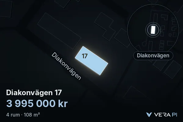 VERA PI:s bild av Diakonvägen 17: huset i 3D, upplyst i blått, och kartan runt omkring