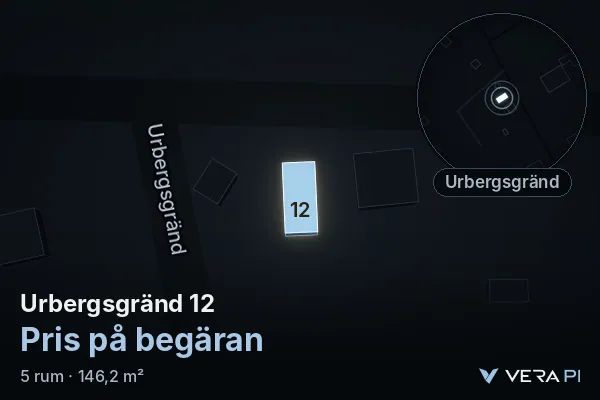 VERA PI's image of Urbergsgränd 12: the building in 3D, lit in blue, and the map around it