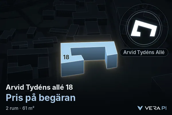 VERA PI:s bild av Arvid Tydéns allé 18: huset i 3D, upplyst i blått, och kartan runt omkring