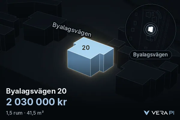 VERA PI:s bild av Byalagsvägen 20: huset i 3D, upplyst i blått, och kartan runt omkring