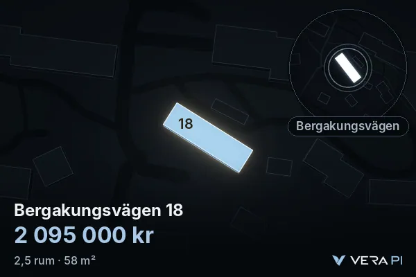 VERA PI:s bild av Bergakungsvägen 18: huset i 3D, upplyst i blått, och kartan runt omkring