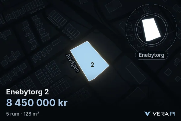 VERA PI's image of Enebytorg 2: the building in 3D, lit in blue, and the map around it