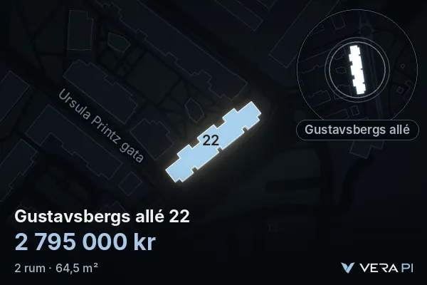 VERA PI's image of Gustavsbergs allé 22: the building in 3D, lit in blue, and the map around it